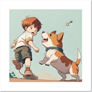 Capture the Joy of Childhood - Adorable Digital Download of a Funny Puppy Playing with a Kid Posters and Art